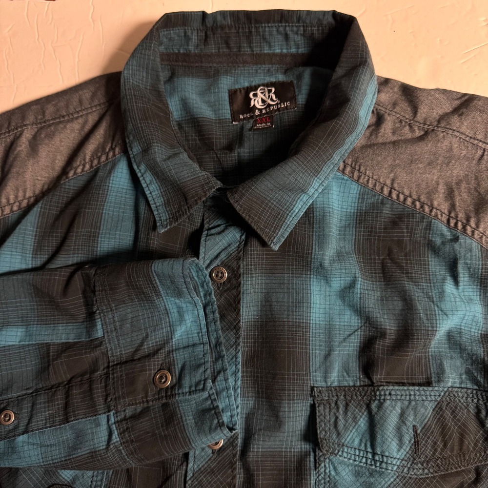 Rock & Republic XXL Mens Plaid Long Sleeve Western Shirt Two Pocket Gray‎ Teal